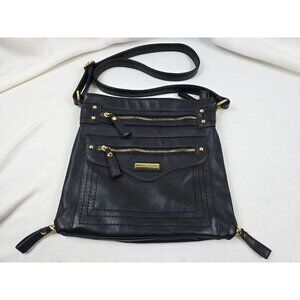 Adrienne Vittadini Black Leather Crossbody Bag With Gold Accents Zippers